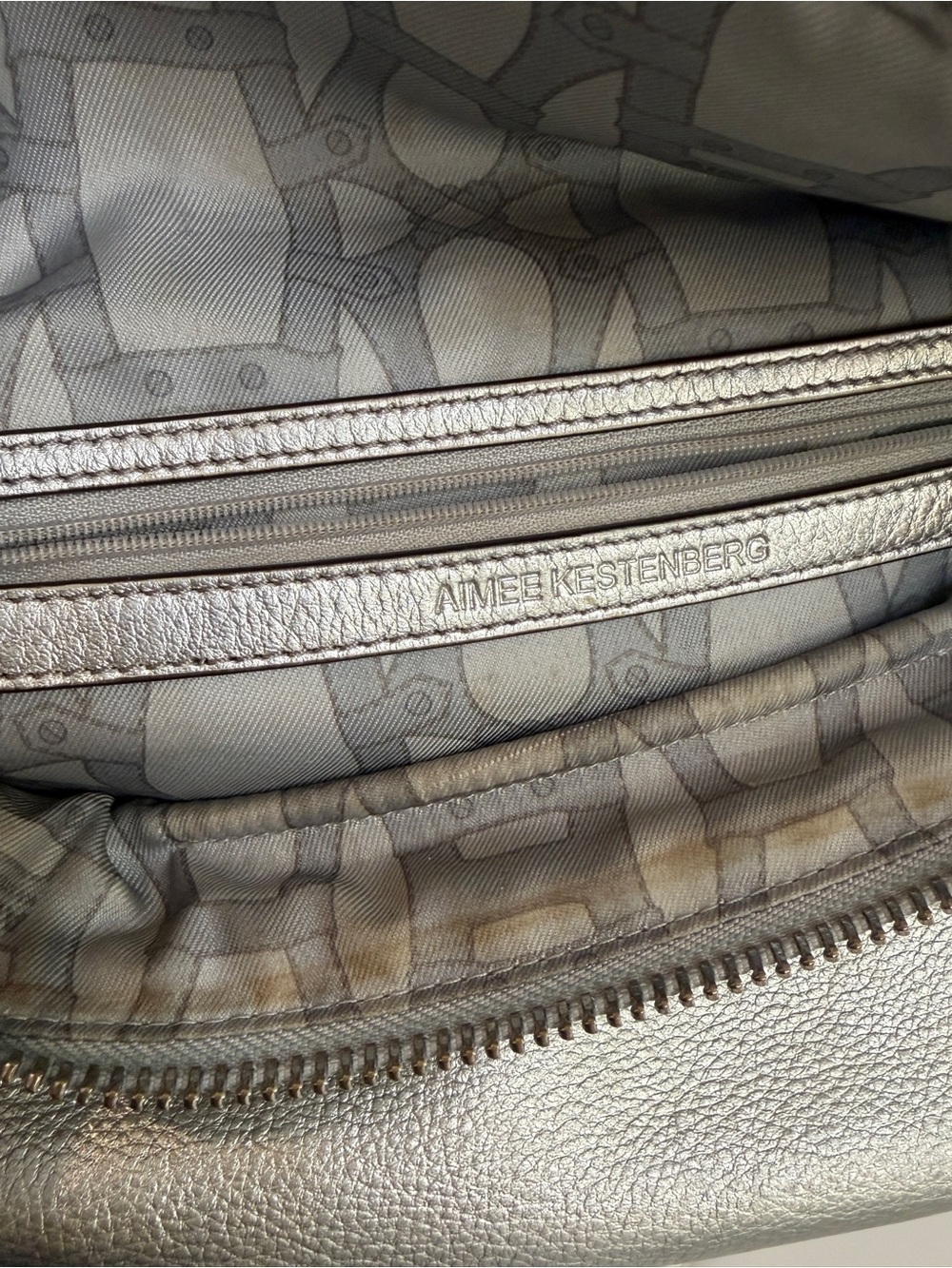 Aimee Kestenberg Crossbody handbag silver metallic slouchy wide top zipper - Picture 7 of 9